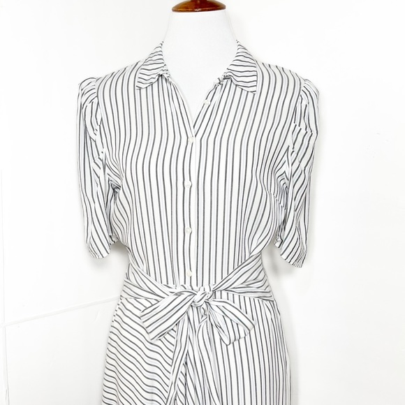 1. State White Pinstripe Tie Waist Asymmetrical High Low Short Sleeve Shittdress - Picture 4 of 12